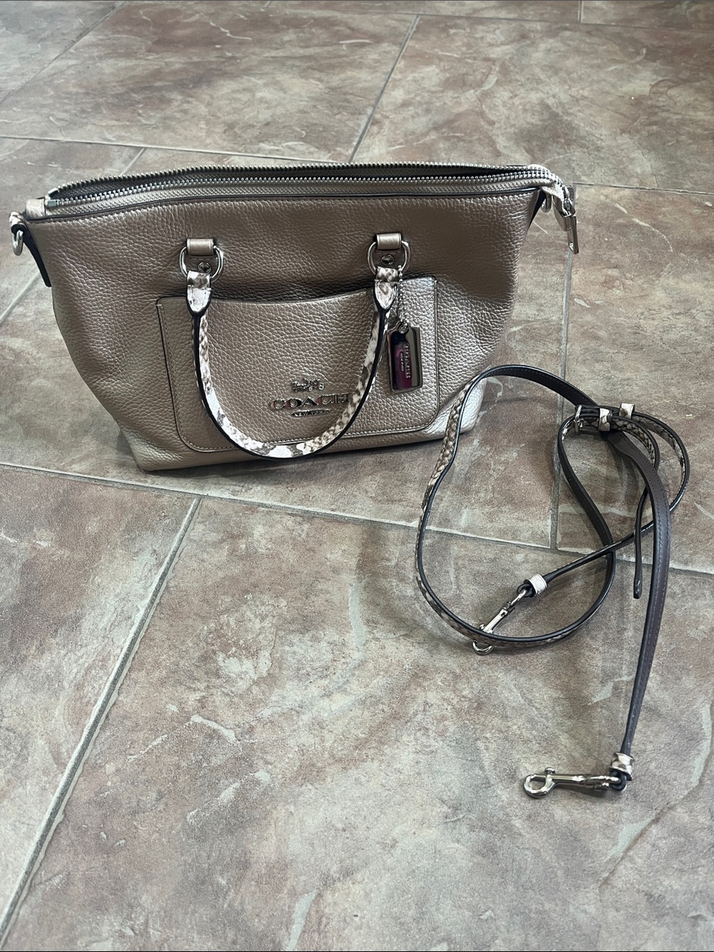 Coach Taupe Pebbled Leather Satchel with Snake-Print Trim